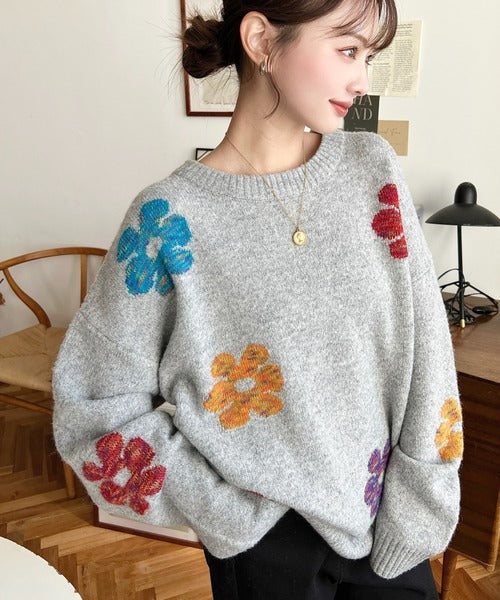 <預訂> 日牌MM 混色花卉提花針織上衣｜四色入