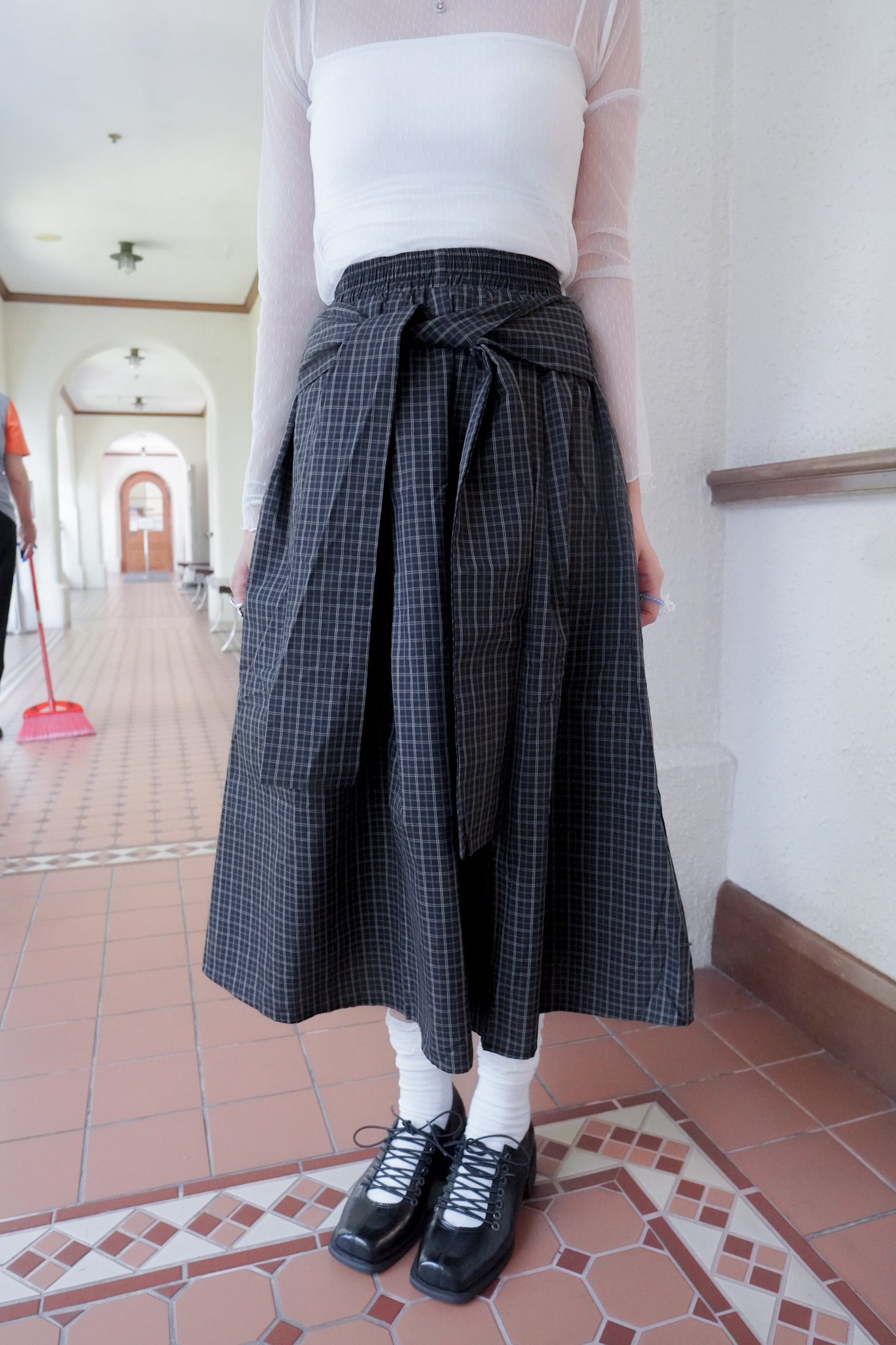 <現貨> 自家製 棉麻格紋綁帶半身長裙