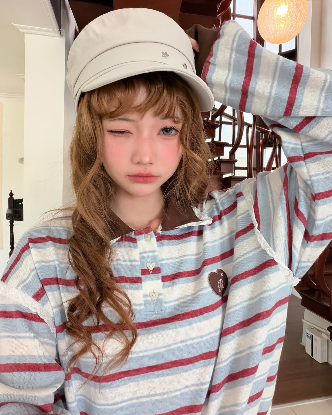 <預訂> 泰國小眾品牌🇹🇭 森系條紋Polo領蕾絲邊長袖上衣 | 三色入