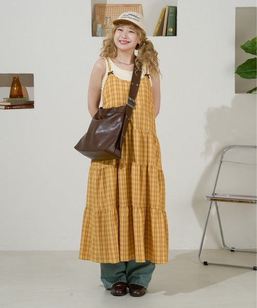 <預訂> 日牌Kutir 大人氣 蝴蝶結層疊吊帶格紋連身裙｜九色入
