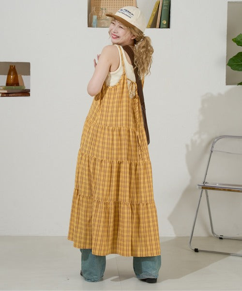 <預訂> 日牌Kutir 大人氣 蝴蝶結層疊吊帶格紋連身裙｜九色入