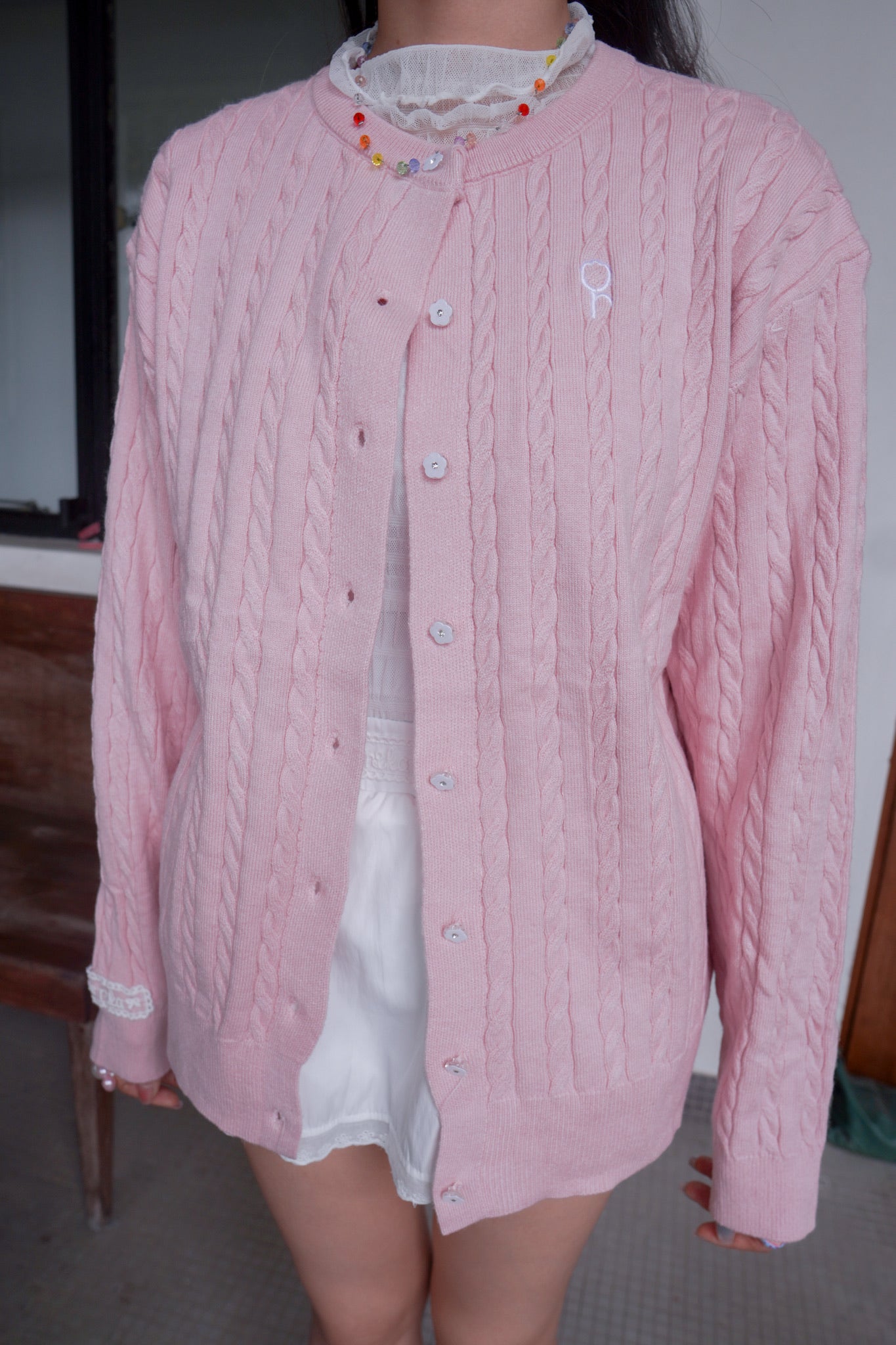 <現貨> 超可愛糖果色～棉花中長款花朵扣麻花開胸外套｜淺粉