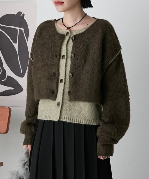 <預訂> 日牌FY 大人氣 混色拉絨疊層短針織開胸外套｜四色入