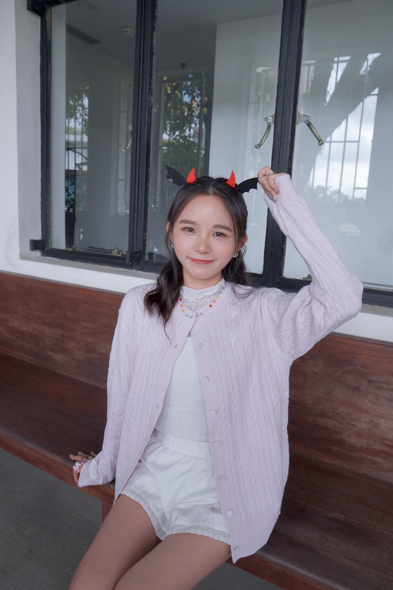 <現貨> 超可愛糖果色～棉花中長款花朵扣麻花開胸外套｜薰衣草紫