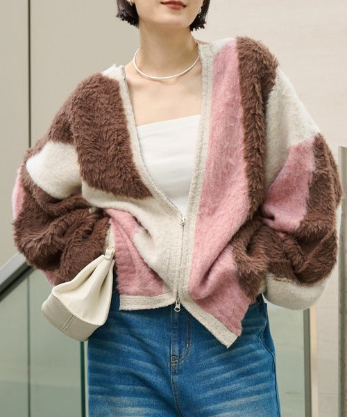<預訂> 日本大人氣♡日牌 Mono Mart 2-Ways 毛茸茸蓬鬆混色雙拉鍊針織開胸外套｜四色入