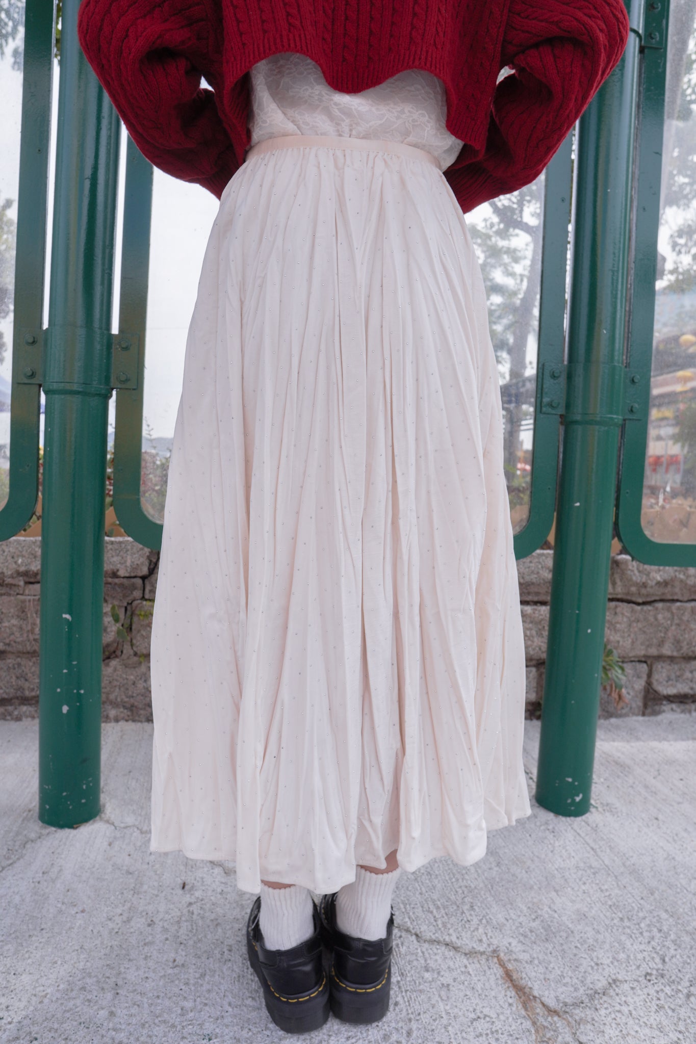 <現貨> 小眾質感♡!!皺摺暗波點高腰彈性半身長裙