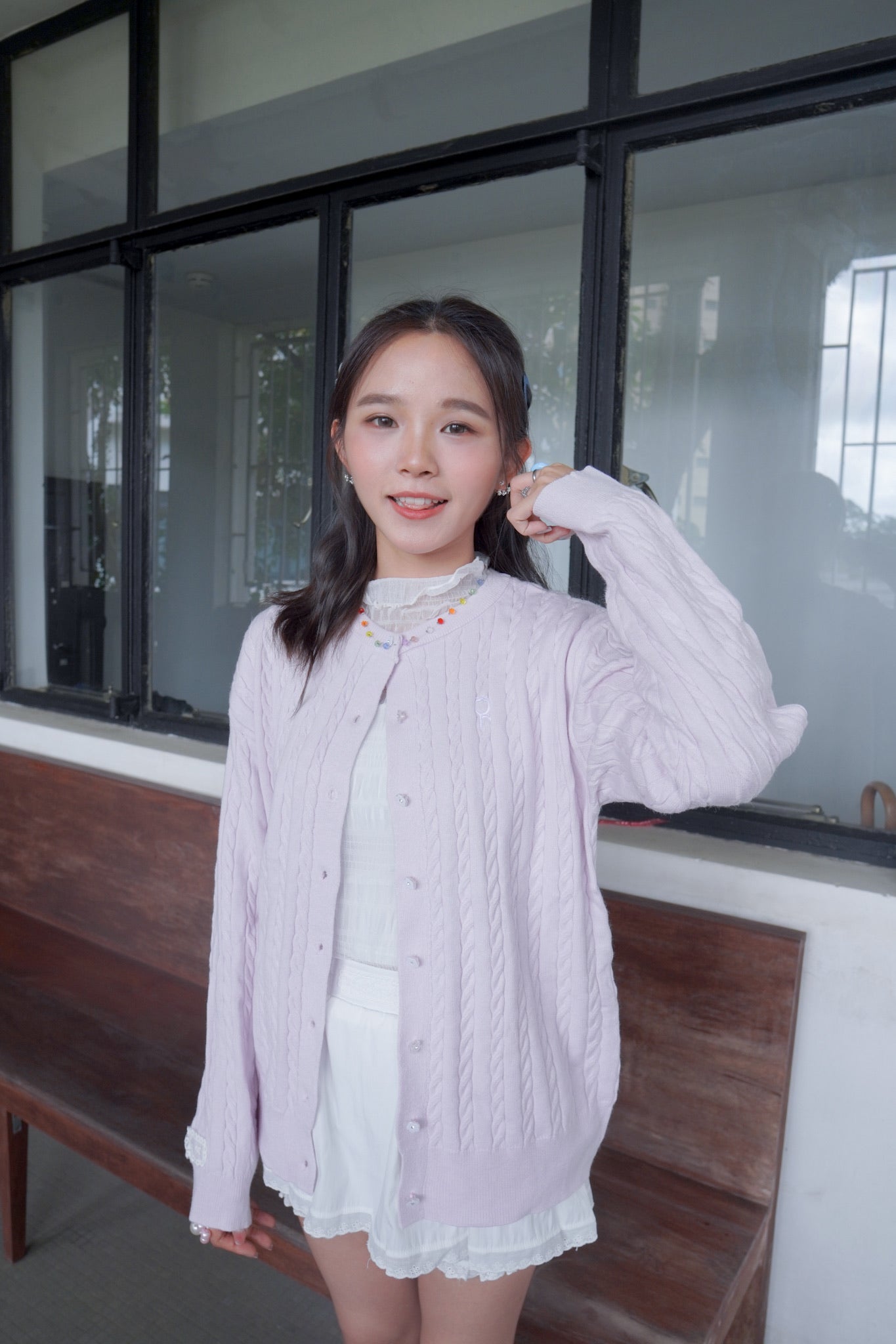 <現貨> 超可愛糖果色～棉花中長款花朵扣麻花開胸外套｜薰衣草紫