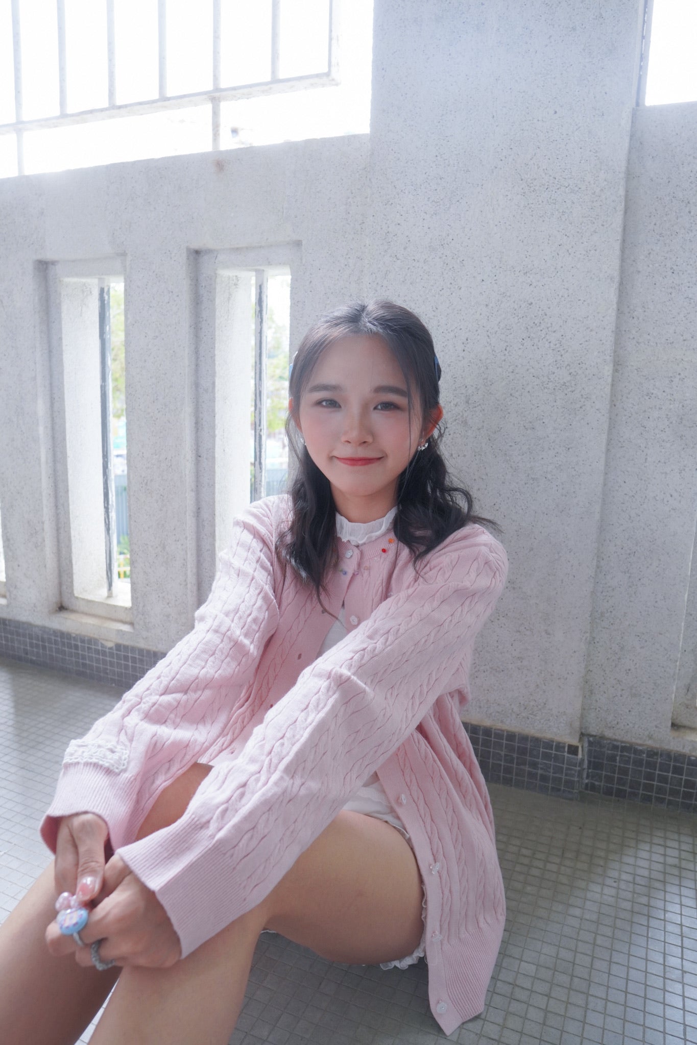 <現貨> 超可愛糖果色～棉花中長款花朵扣麻花開胸外套｜淺粉