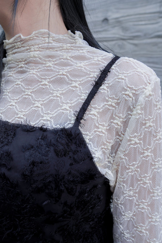<現貨> 蕾絲提花透透高領長袖打底上衣｜兩色入