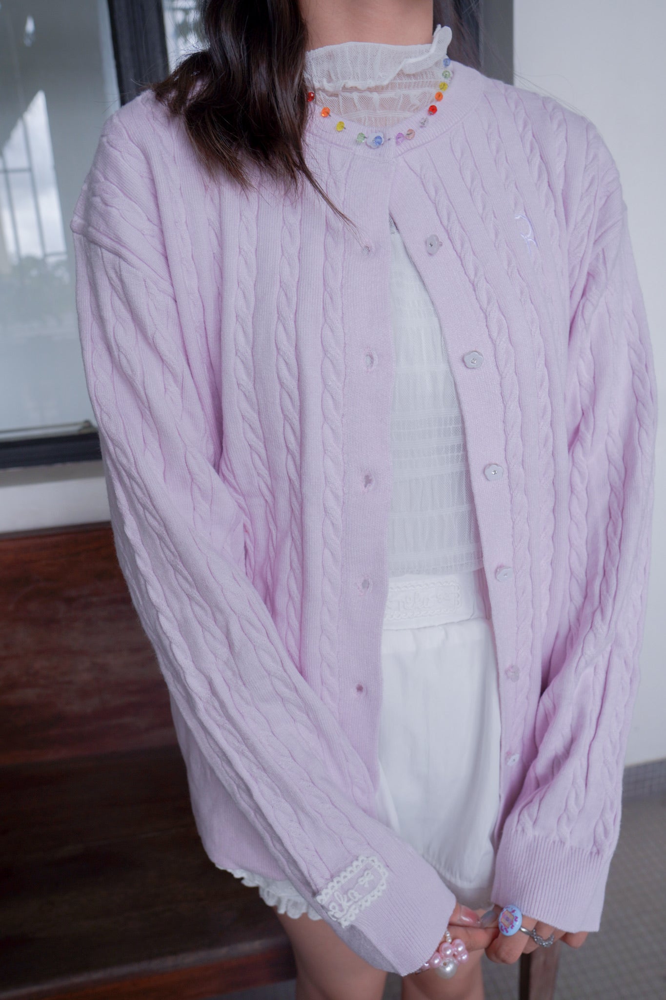 <現貨> 超可愛糖果色～棉花中長款花朵扣麻花開胸外套｜薰衣草紫