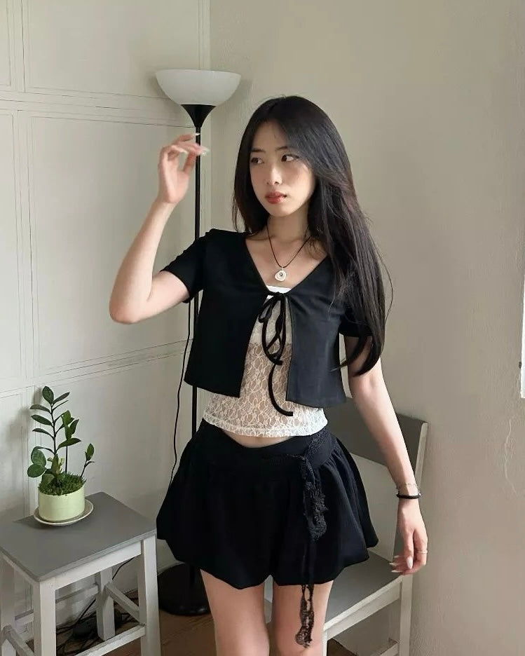 <預訂> 越南小眾品牌🇻🇳 超可愛蕾絲蝴蝶結泡泡短裙(含打底) | 兩色入