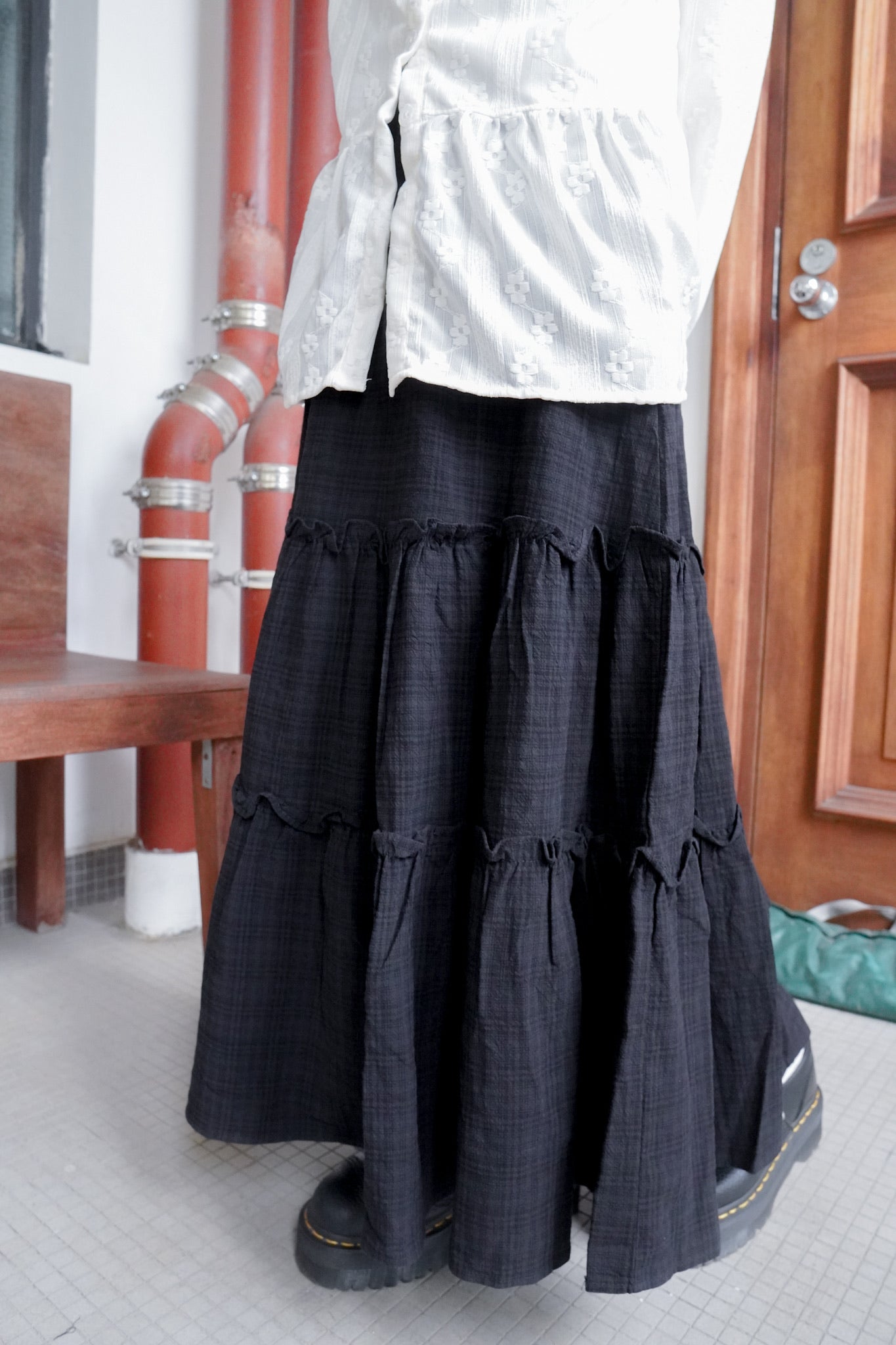 <現貨> 自家製 復古格紋ruffle邊半身長裙