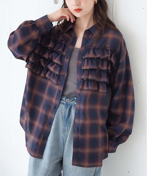 <預訂> 日牌Tiptop 漸層格紋荷葉邊襯衫｜三色入