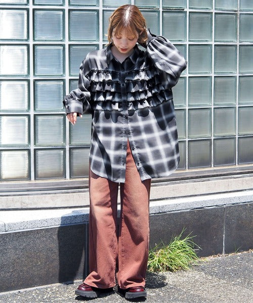 <預訂> 日牌Tiptop 漸層格紋荷葉邊襯衫｜三色入