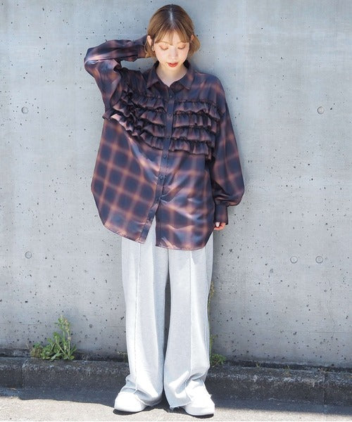 <預訂> 日牌Tiptop 漸層格紋荷葉邊襯衫｜三色入