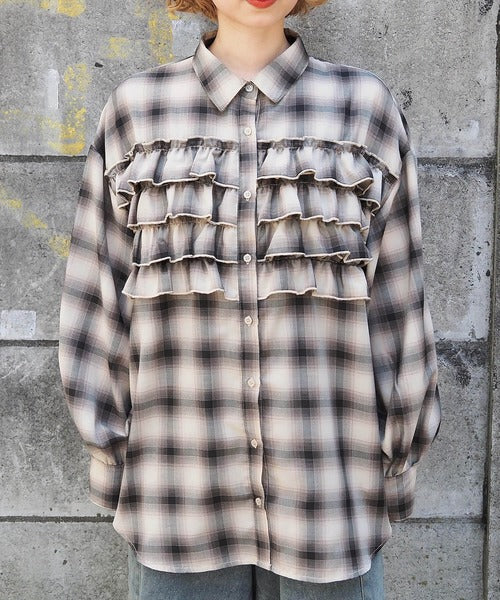 <預訂> 日牌Tiptop 漸層格紋荷葉邊襯衫｜三色入