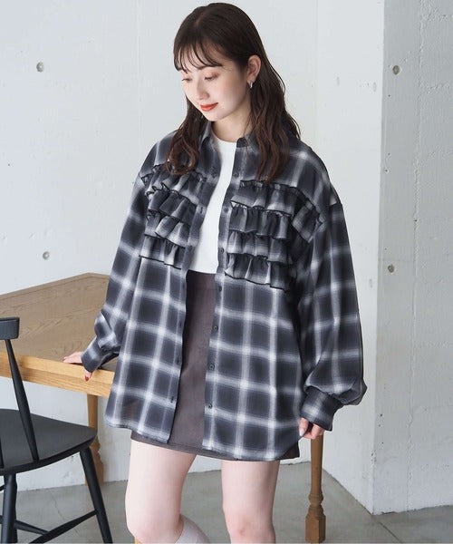 <預訂> 日牌Tiptop 漸層格紋荷葉邊襯衫｜三色入