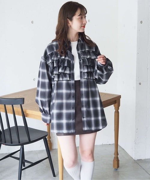 <預訂> 日牌Tiptop 漸層格紋荷葉邊襯衫｜三色入