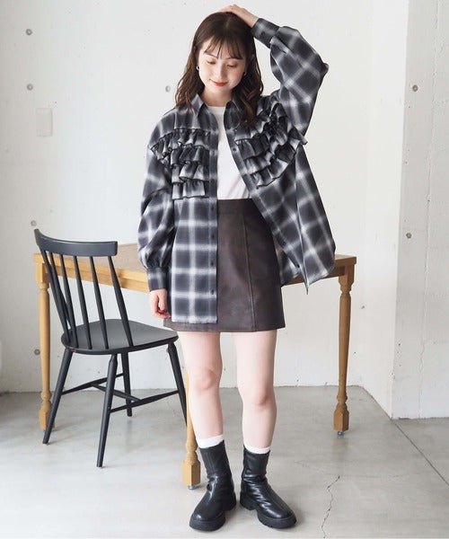 <預訂> 日牌Tiptop 漸層格紋荷葉邊襯衫｜三色入