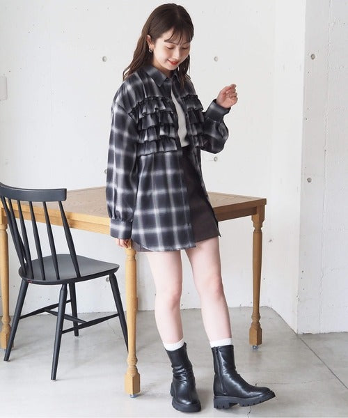 <預訂> 日牌Tiptop 漸層格紋荷葉邊襯衫｜三色入