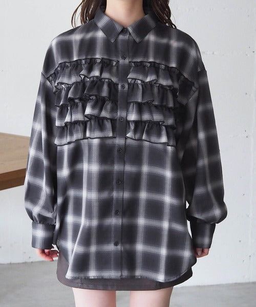 <預訂> 日牌Tiptop 漸層格紋荷葉邊襯衫｜三色入