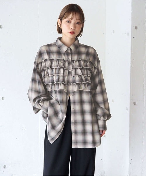 <預訂> 日牌Tiptop 漸層格紋荷葉邊襯衫｜三色入