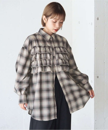 <預訂> 日牌Tiptop 漸層格紋荷葉邊襯衫｜三色入