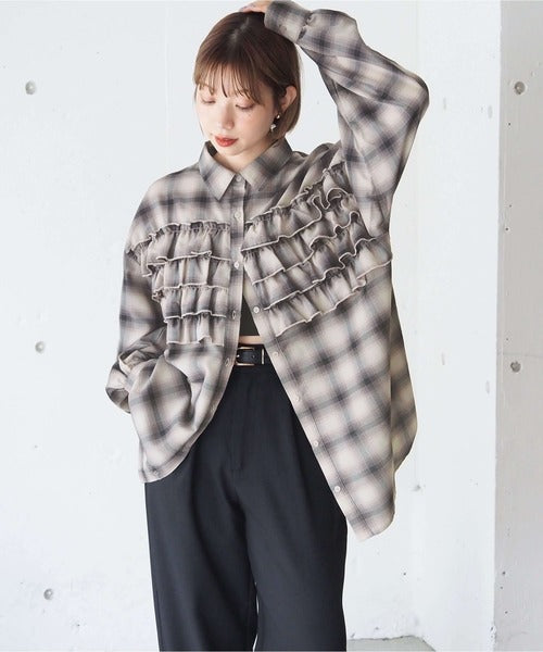 <預訂> 日牌Tiptop 漸層格紋荷葉邊襯衫｜三色入