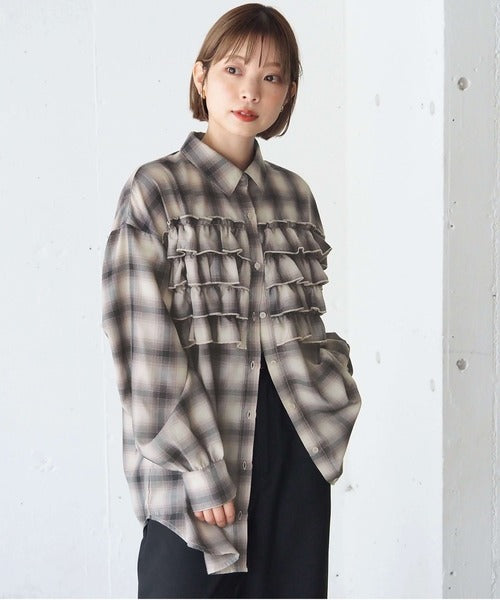 <預訂> 日牌Tiptop 漸層格紋荷葉邊襯衫｜三色入