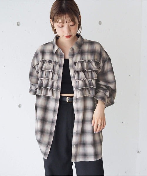 <預訂> 日牌Tiptop 漸層格紋荷葉邊襯衫｜三色入