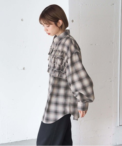 <預訂> 日牌Tiptop 漸層格紋荷葉邊襯衫｜三色入