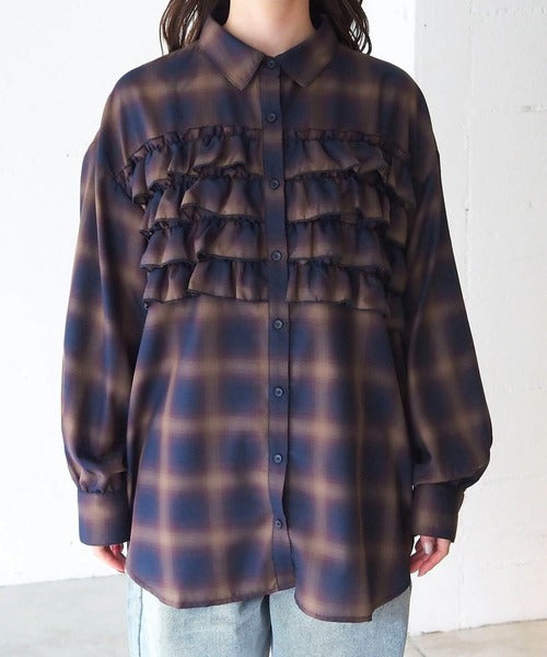 <預訂> 日牌Tiptop 漸層格紋荷葉邊襯衫｜三色入