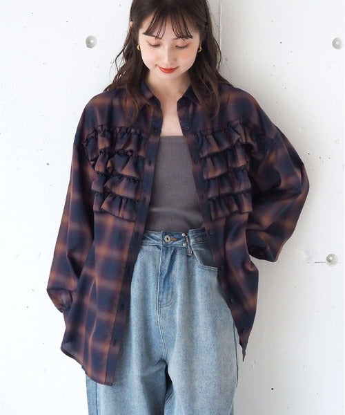 <預訂> 日牌Tiptop 漸層格紋荷葉邊襯衫｜三色入