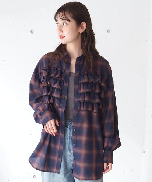 <預訂> 日牌Tiptop 漸層格紋荷葉邊襯衫｜三色入