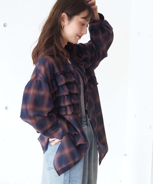 <預訂> 日牌Tiptop 漸層格紋荷葉邊襯衫｜三色入