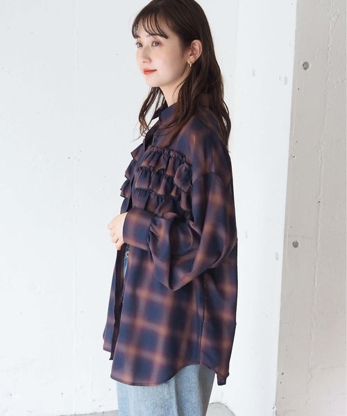 <預訂> 日牌Tiptop 漸層格紋荷葉邊襯衫｜三色入