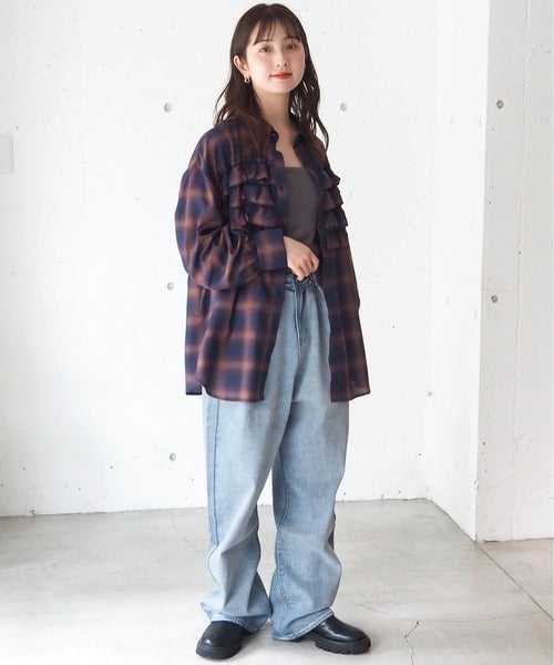 <預訂> 日牌Tiptop 漸層格紋荷葉邊襯衫｜三色入