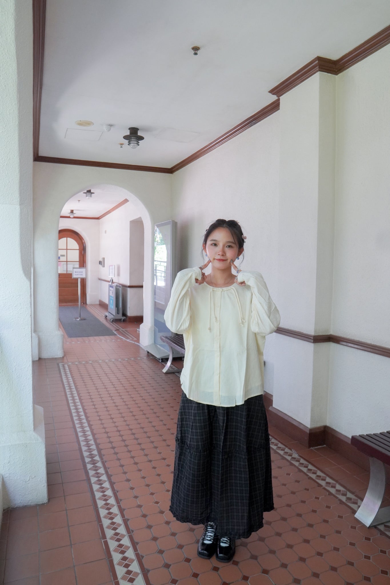 <預訂> 復古格紋花邊半身長裙