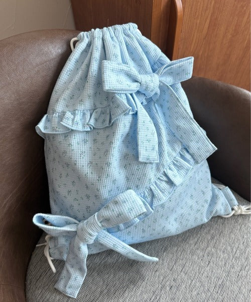<預訂> 日牌Kutir 蝴蝶結荷葉邊抽繩背包｜八色入[碎花/波點/格紋]