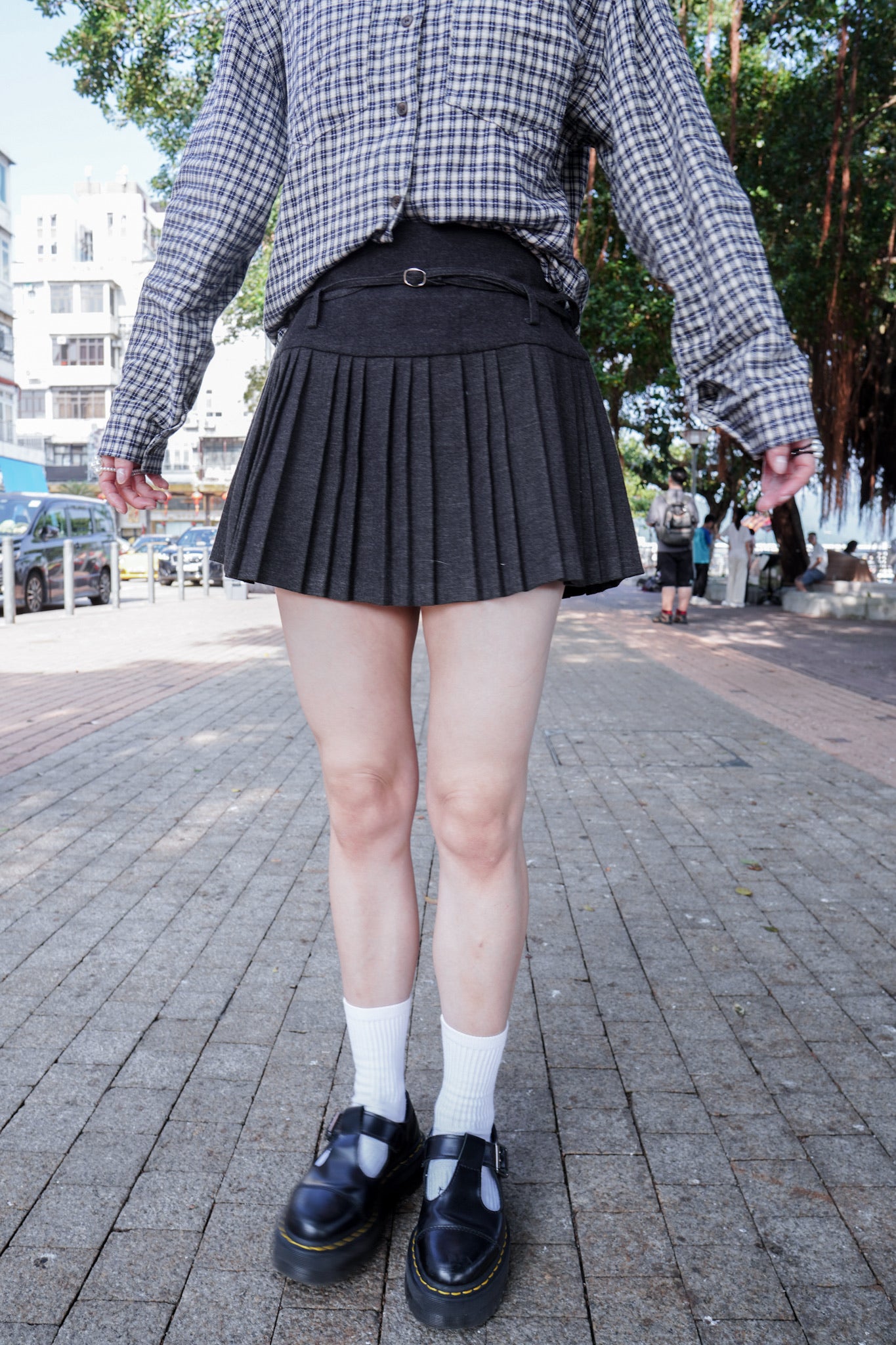 <現貨> 自家製 學院風高腰毛呢半身短裙+腰帶兩件套｜兩色入