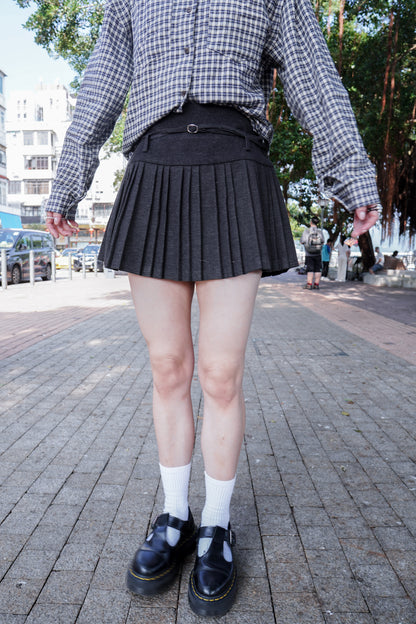 <現貨> 自家製 學院風高腰毛呢半身短裙+腰帶兩件套｜兩色入