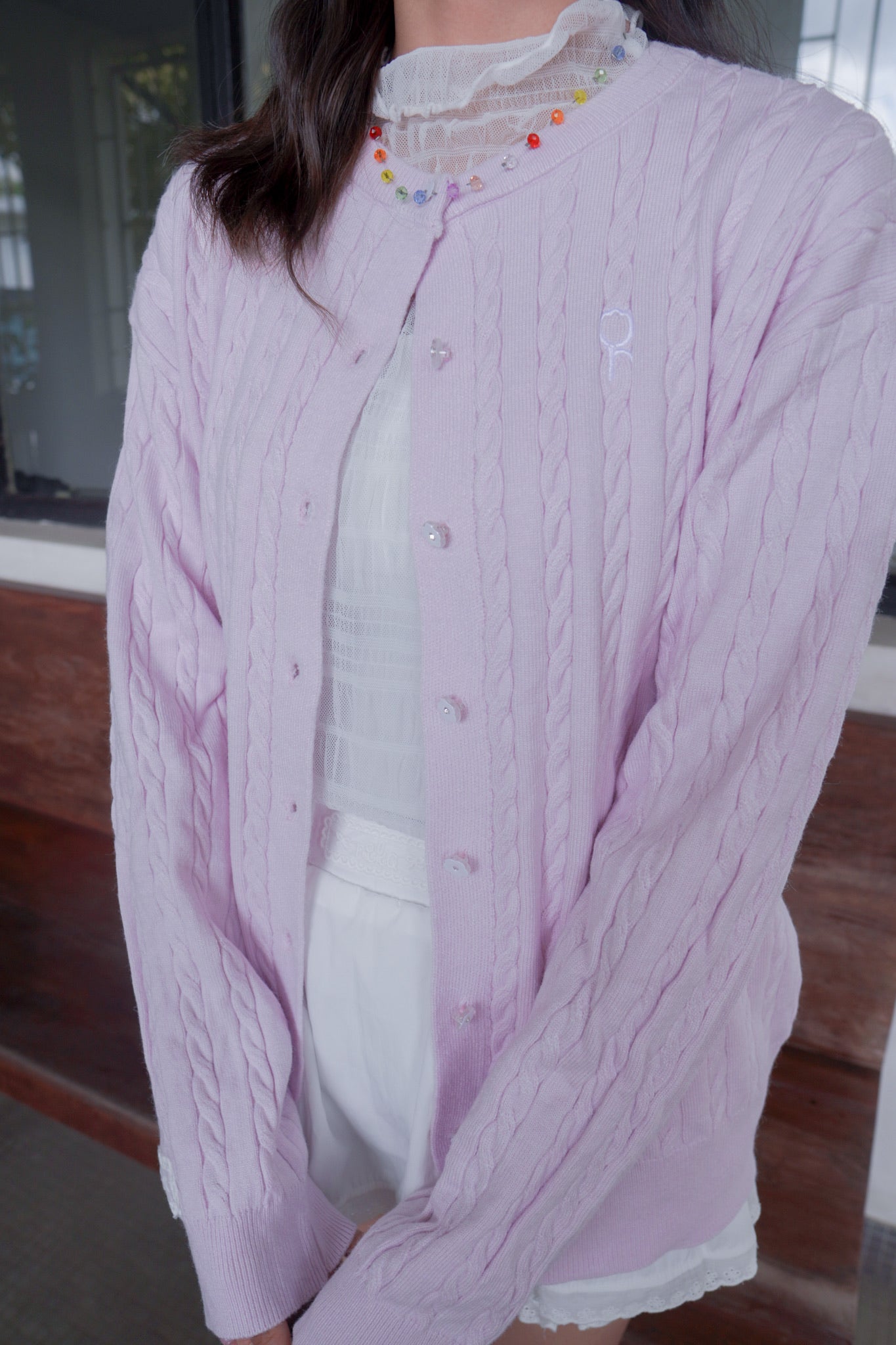 <現貨> 超可愛糖果色～棉花中長款花朵扣麻花開胸外套｜薰衣草紫