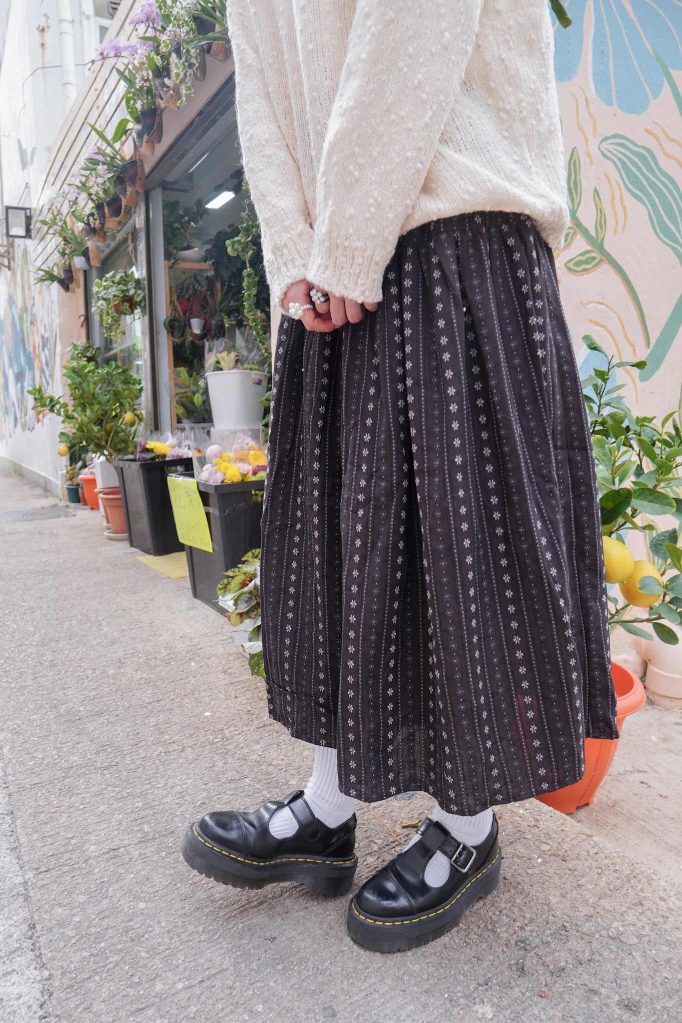 <現貨> 復古直紋碎花半身長裙