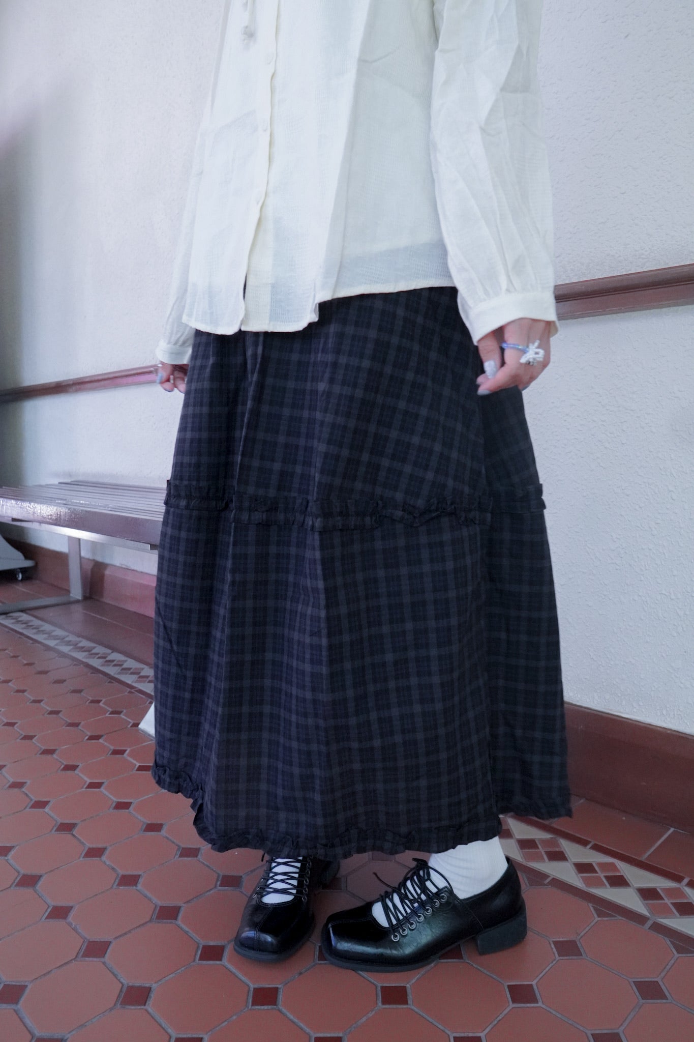 <預訂> 復古格紋花邊半身長裙