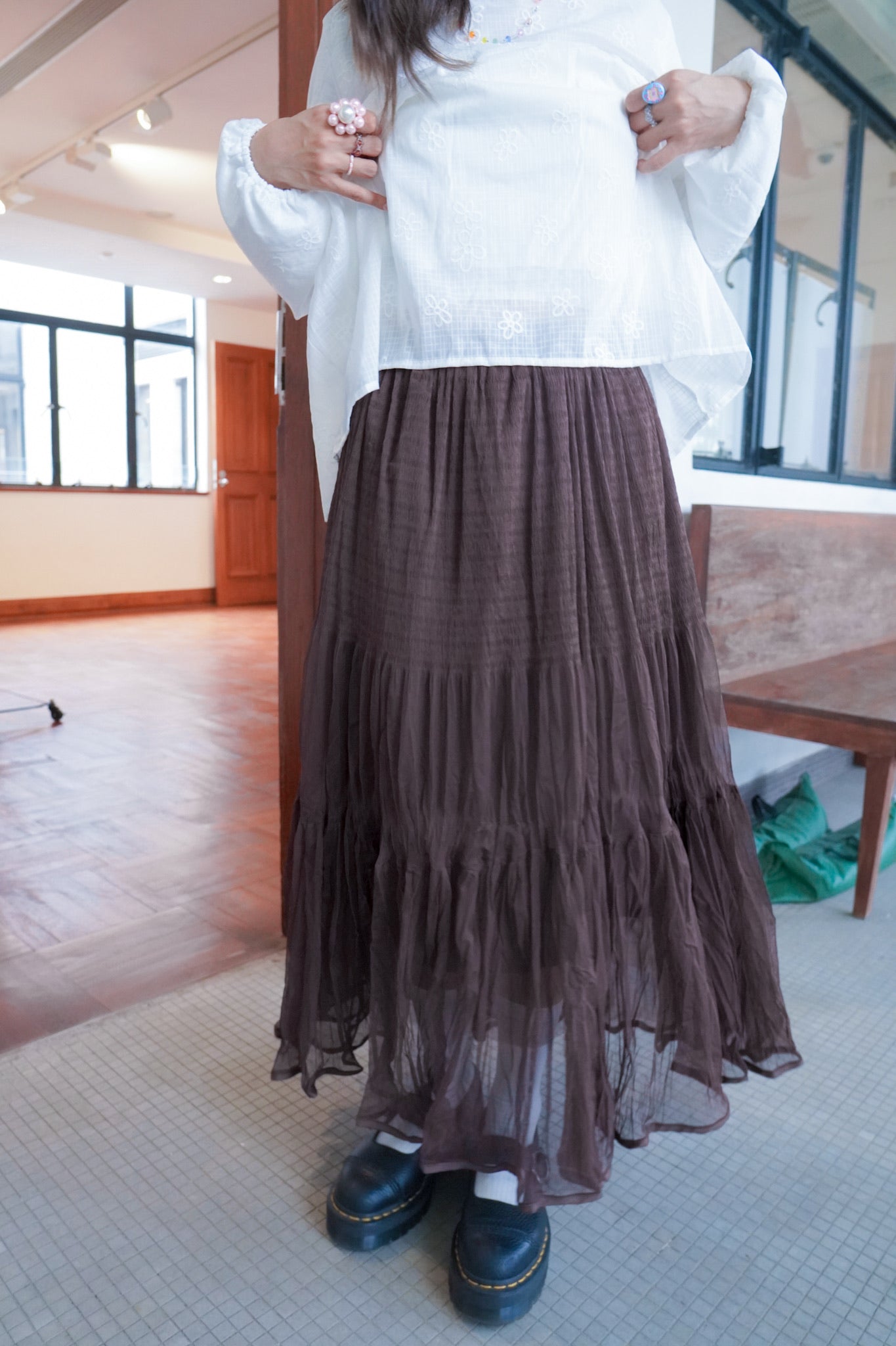 <現貨> 自家製 飄逸感大讚！復古兩層紗質皺褶秋冬A字長裙