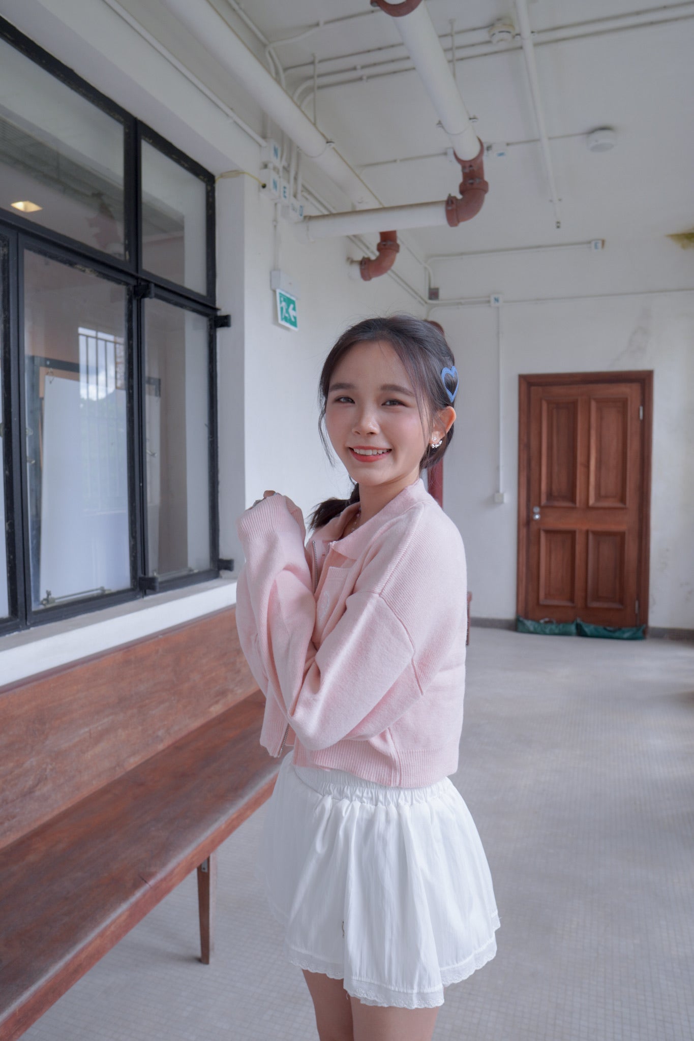 <現貨> 超可愛～馬卡龍愛心刺繡拉鍊口袋針織上衣｜淺粉