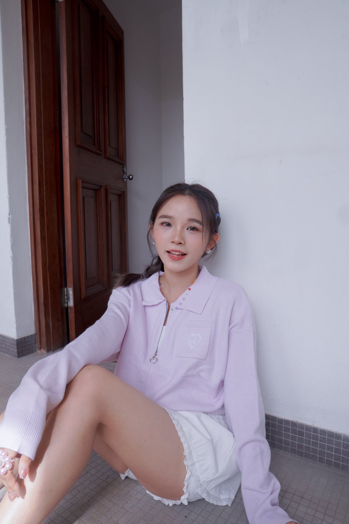 <預訂> 超可愛～馬卡龍愛心刺繡拉鍊口袋針織上衣｜薰衣草紫