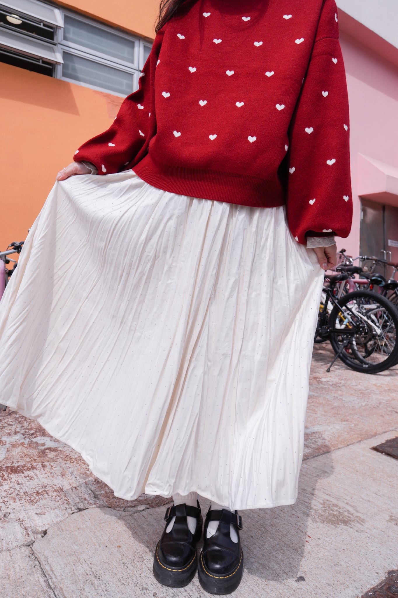 <現貨> 小眾質感♡!!皺摺暗波點高腰彈性半身長裙