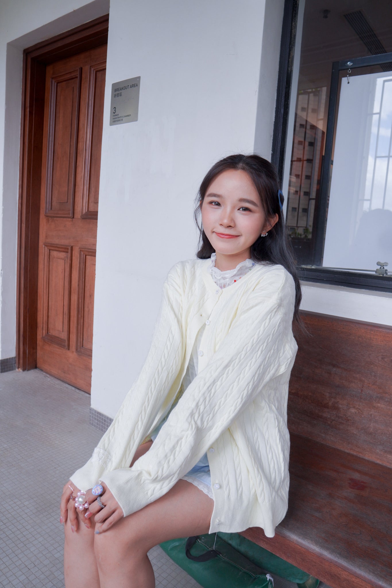 <現貨> 超可愛糖果色～棉花中長款花朵扣麻花開胸外套｜淺黃