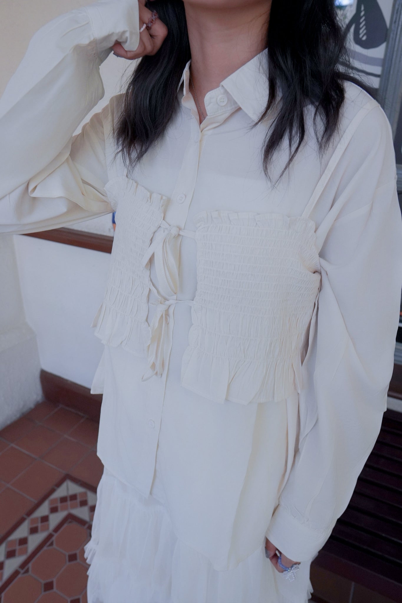 <現貨> 皺皺吊帶背心+長袖裇衫兩件套